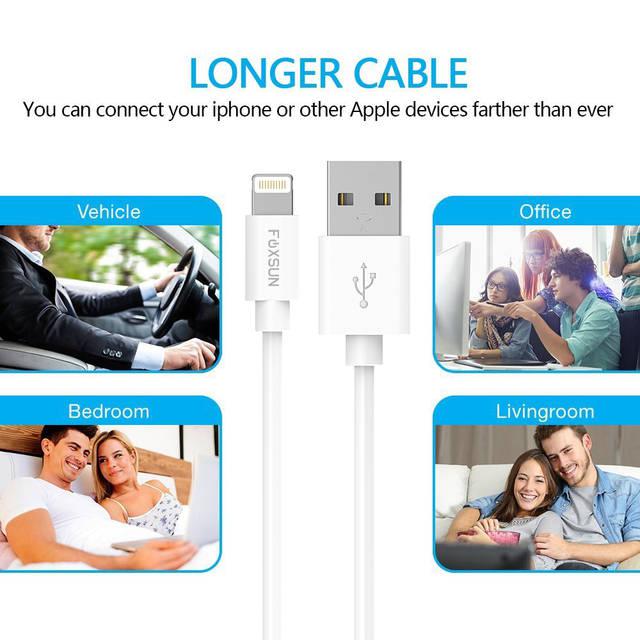 Foxsun Am001006 Iphone Charging Cable 6.6 Ft/2M Lightning Cable For Iphone 7/7Plus/6/6Plus/6S/6S Plus/5/5S/5C/Se, Ipad Pro/Air/Mini (White)