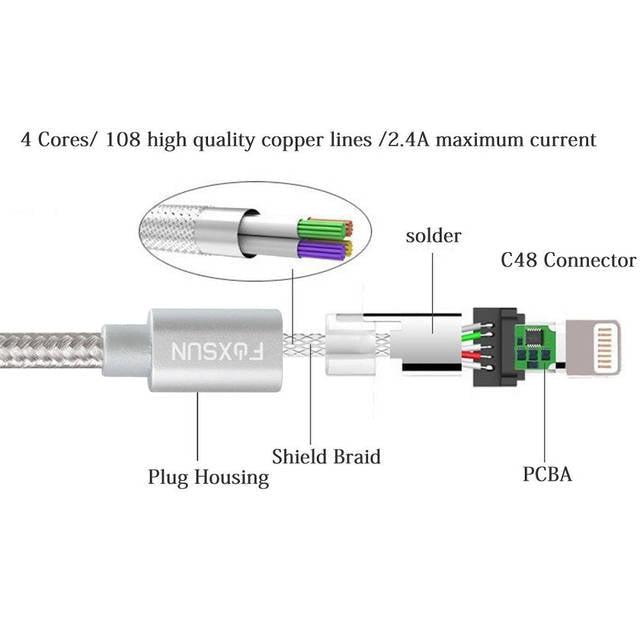 Foxsun Am001021 Iphone Charging Cable 6.6 Ft/2M Nylon Braided Lightning Cable For Iphone