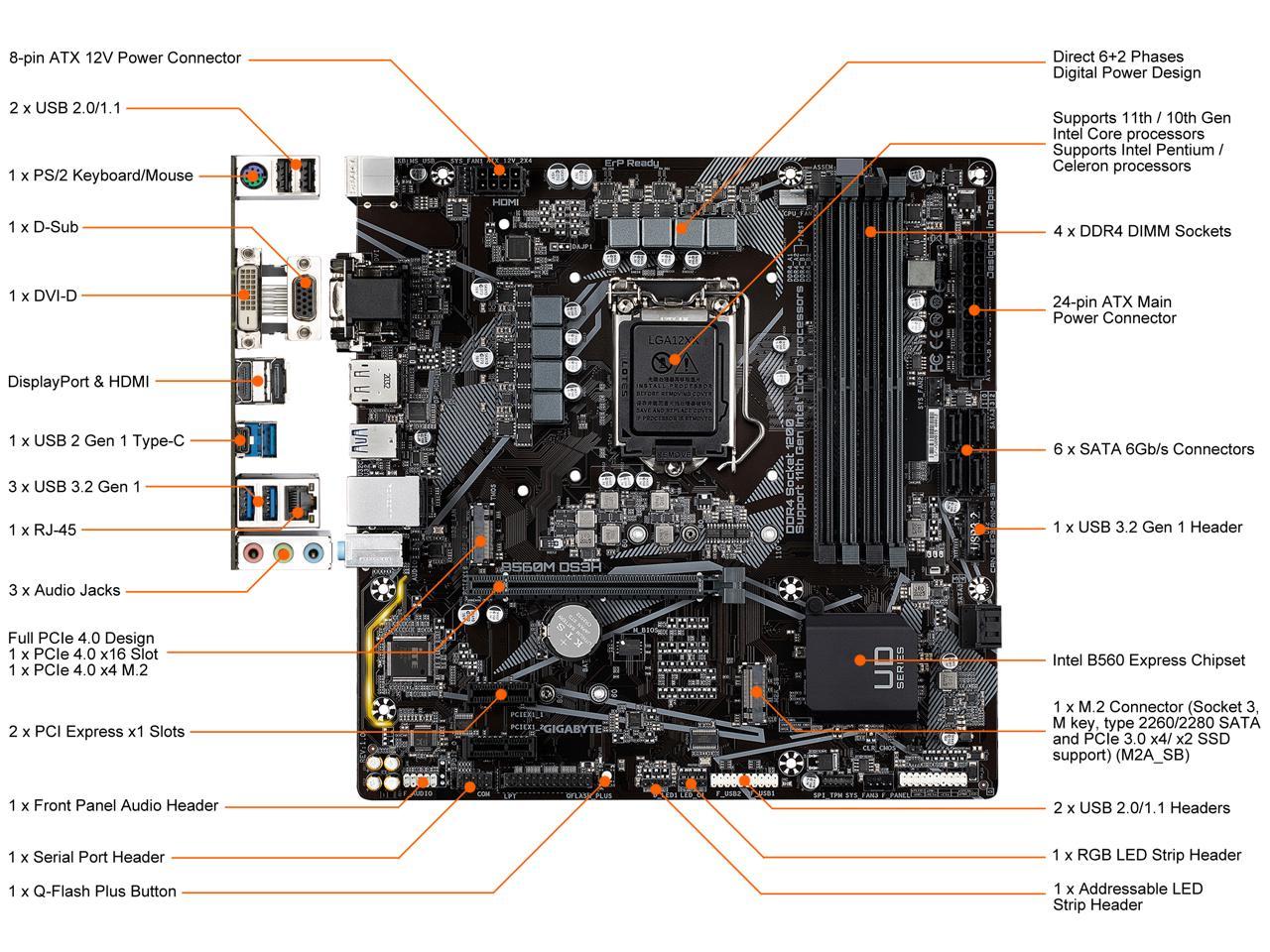 Gigabyte B560M Ds3H Socket Lga1200/ Intel B560/ Ddr4/ Sata3&Usb3.2/ M.2/ Micro Atx Motherboard
