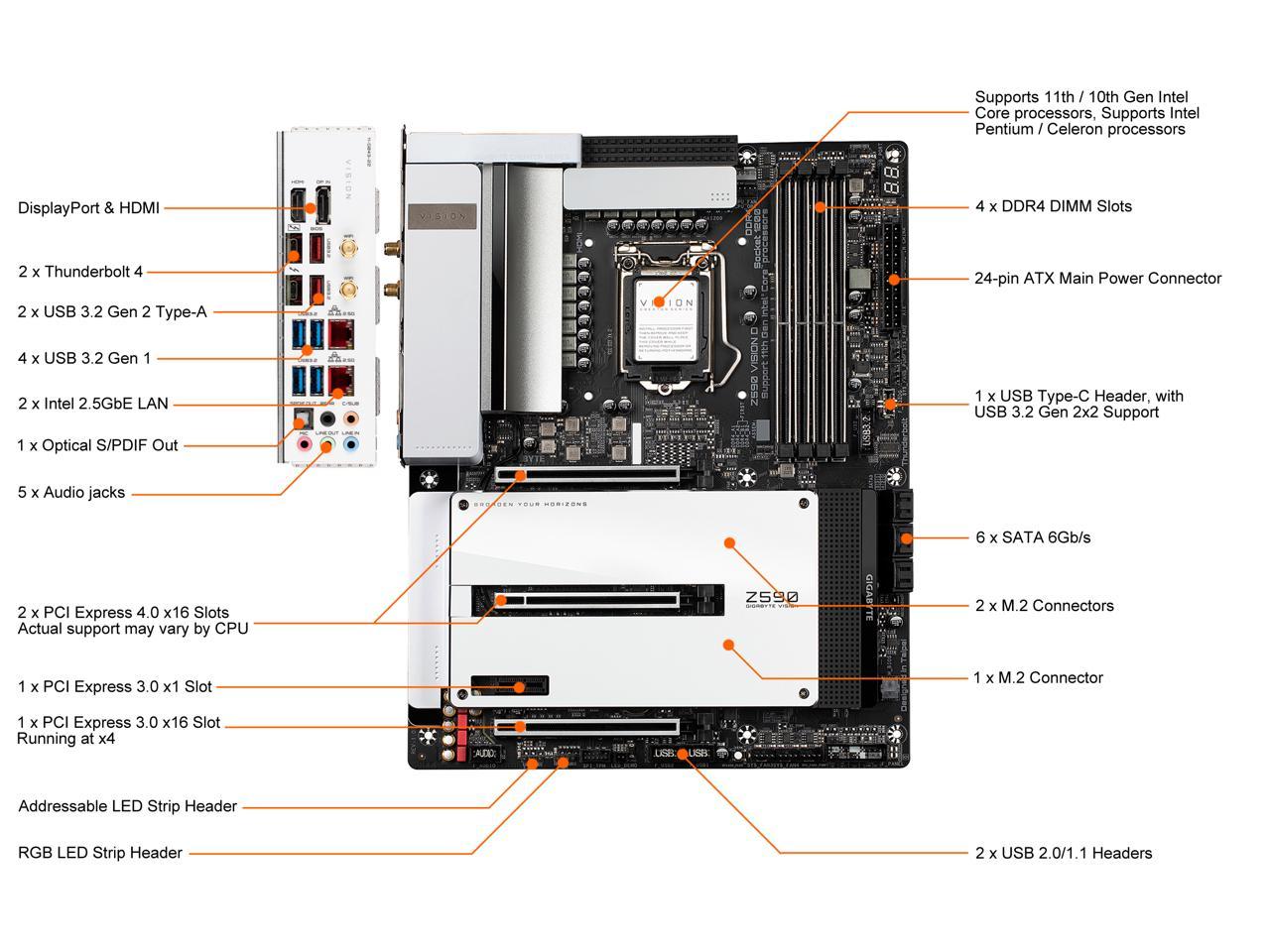 Gigabyte Z590 Vision D Socket Lga1200/ Intel Z590/ Ddr4/ Quad-Gpu & 2-Way Crossfire/ Sata3&Usb3.2/ M.2/ Wifi&Bluetooth/ Atx Motherboard