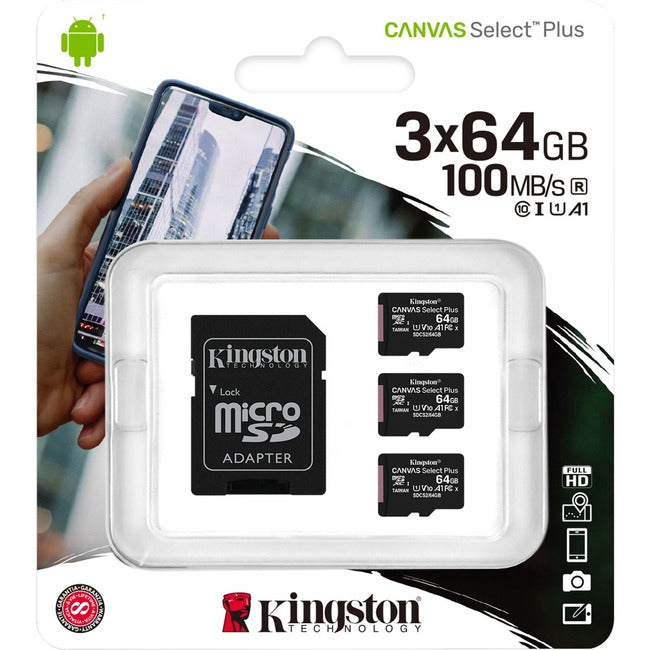 Kingston Canvas Select Plus SDCS2 64 GB Class 10/UHS-I (U1) microSDXC - 3 Pack SDCS2/64GB-3P1A
