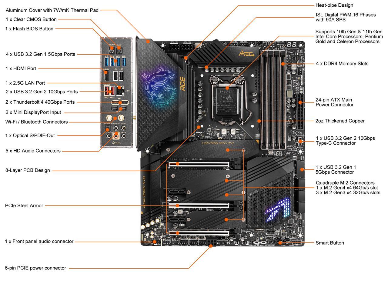 Msi Meg Z590 Ace Lga 1200 Intel Z590 Sata 6Gb/S Atx Intel Motherboard