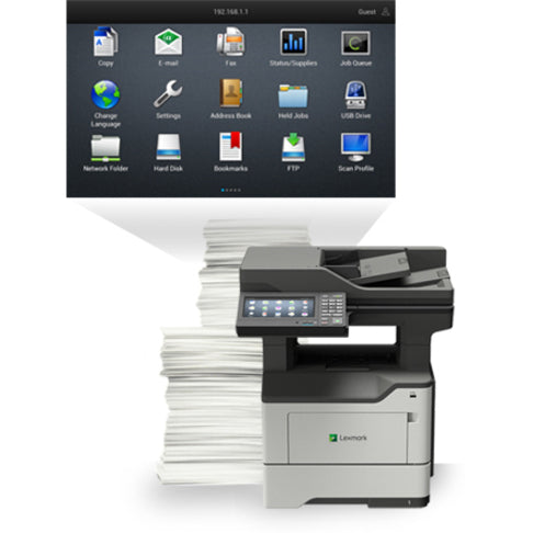 Lexmark MX620 MX622ade Laser Multifunction Printer-Monochrome-Copier/Fax/Scanner-50 ppm Mono Print-1200x1200 Print-Automatic Duplex Print-175000 Pages Monthly-650 sheets Input-Color Scanner-1200 Optical Scan-Monochrome Fax-Gigabit Ethernet 36ST900