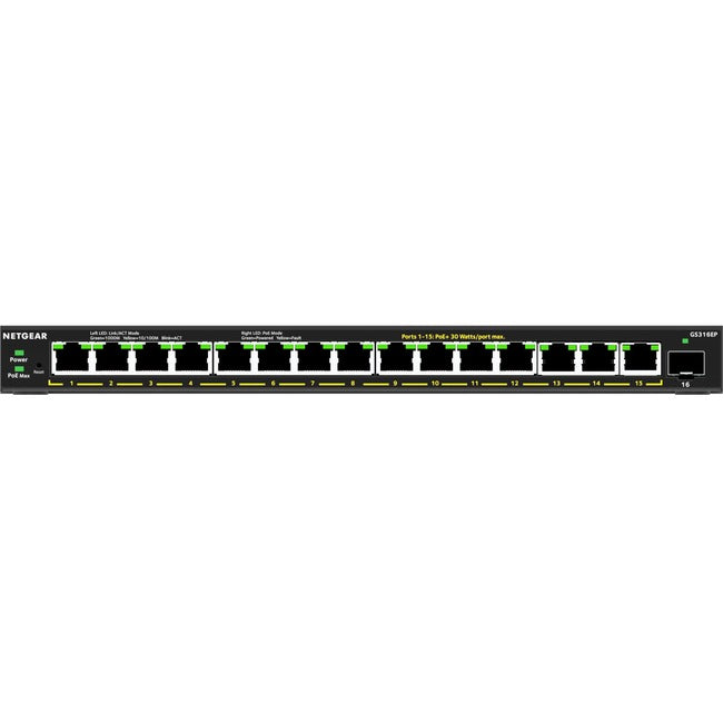 NETGEAR 16-Port PoE+ Gigabit Ethernet Smart Switch - 180W Managed Essentials | TecisOft GS316EP-100NAS