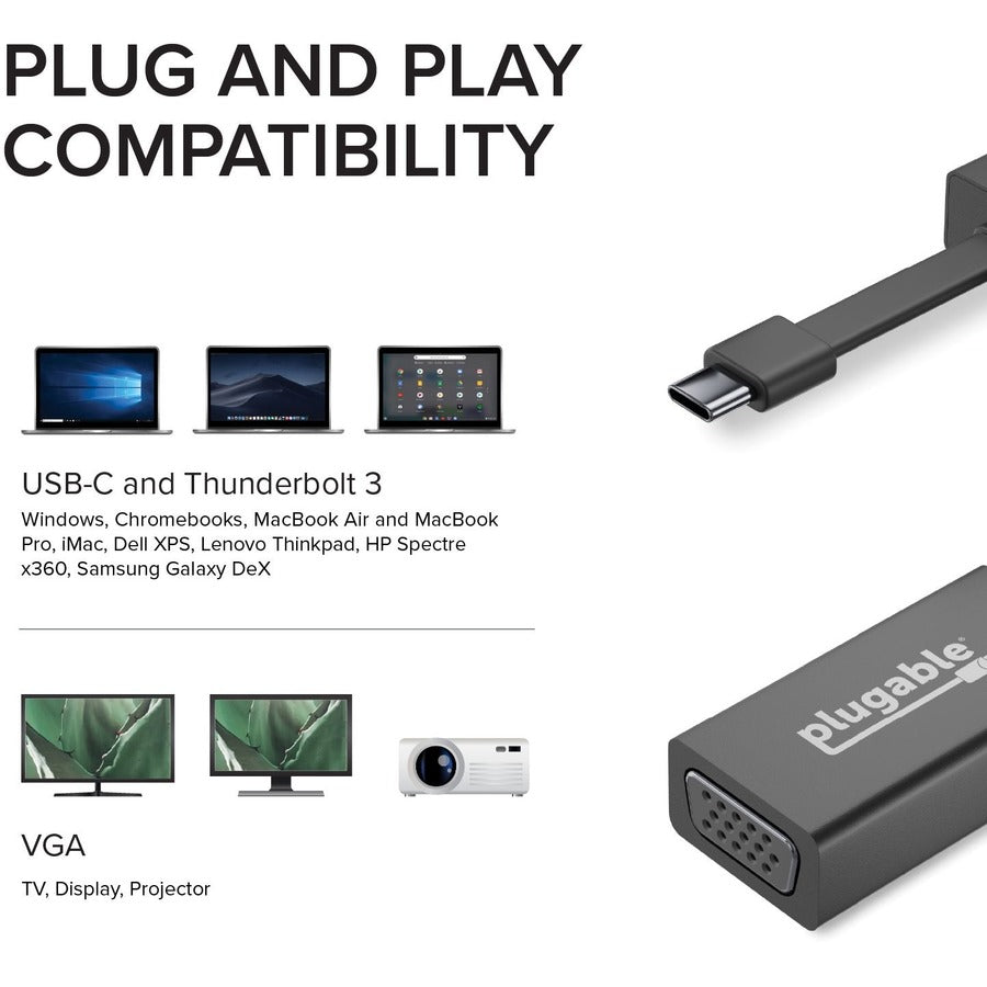 Plugable USB C to VGA Adapter, Thunderbolt 3 to VGA Adapter Compatible with Macbook Pro, Windows, Chromebooks, 2018 iPad Pro, Dell XPS, and more USBC-TVGA