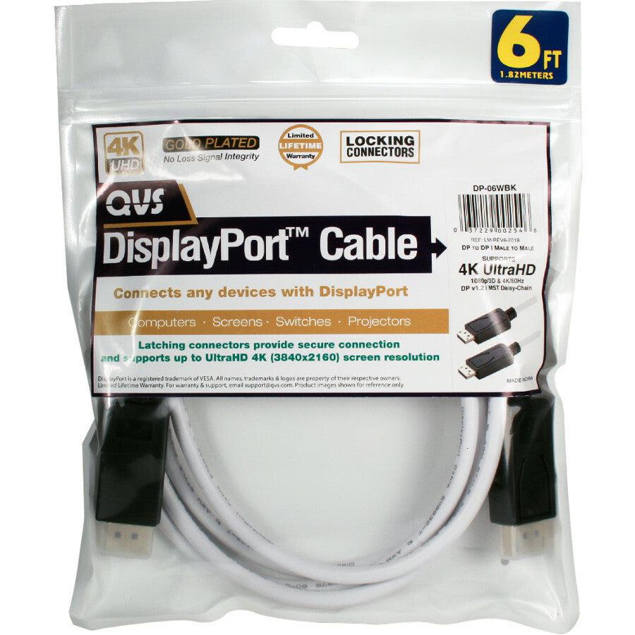 QVS 6ft DisplayPort UltraHD 4K White Cable with Black Connectors & Latches DP-06WBK