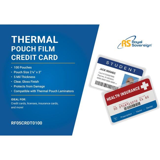 Royal Sovereign laminating pouch film - Credit Card Size 2-1/8 x 3-3" - 3 mil - 100 pack" RF05CRDT0100