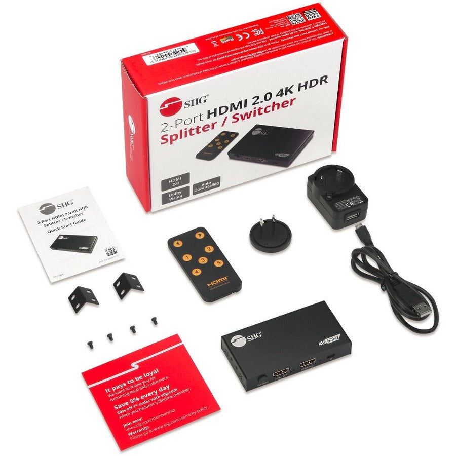 SIIG 2 Port HDMI 2.0 4K HDR Splitter / Switcher with IR Remote CE-H26D11-S1