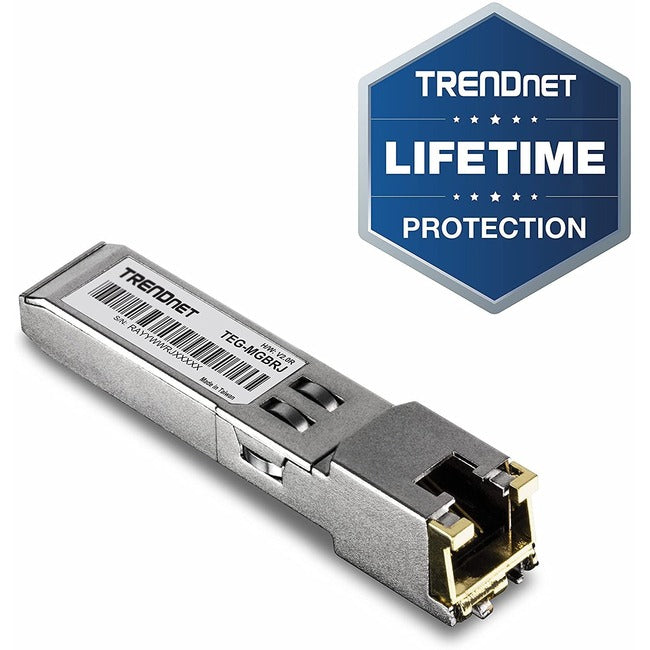 TRENDnet SFP to RJ45 1000BASE-T Copper SFP Module; TEG-MGBRJ; 100m (328 Ft.); RJ45 Connector; Hot Pluggable; Supports Data Rates Up to 1.25Gbps; IEEE 802.3ab Gigabit Ethernet; Lifetime Protection