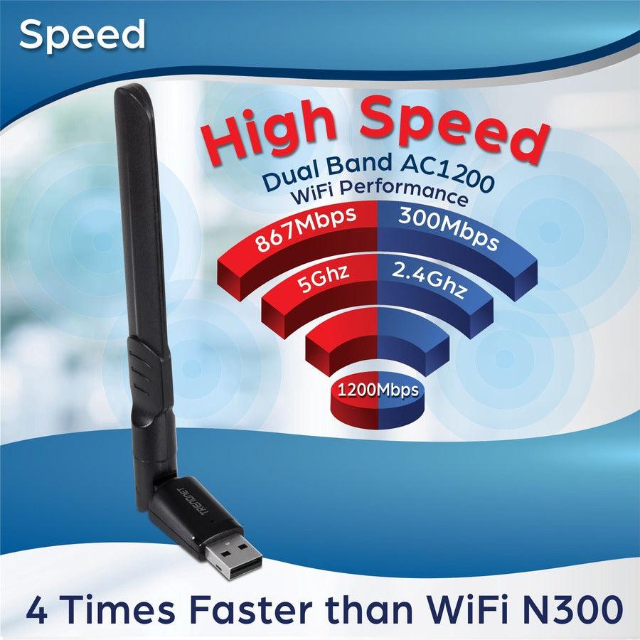 TRENDnet AC1200 High Gain Dual Band Wave 2 MU-MIMO Wireless USB USB 3.1 Gen 1 Adapter, for Windows and Mac, Black, TEW-805UBH