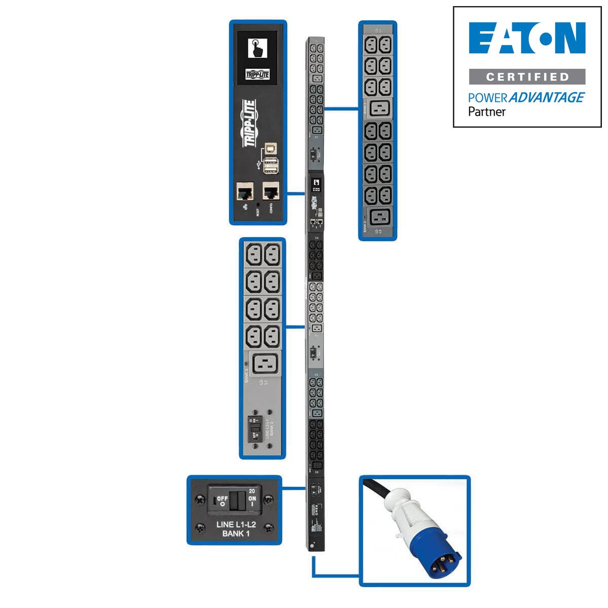 Tripp Lite 10Kw 3-Phase Monitored Pdu, Lx Interface, 200/208/240V Outlets (42 C13/6 C19), Lcd, Iec-309 30A Blue, 1.8M/6 Ft. Cord, 0U 1.8M/70 In. Height, Taa