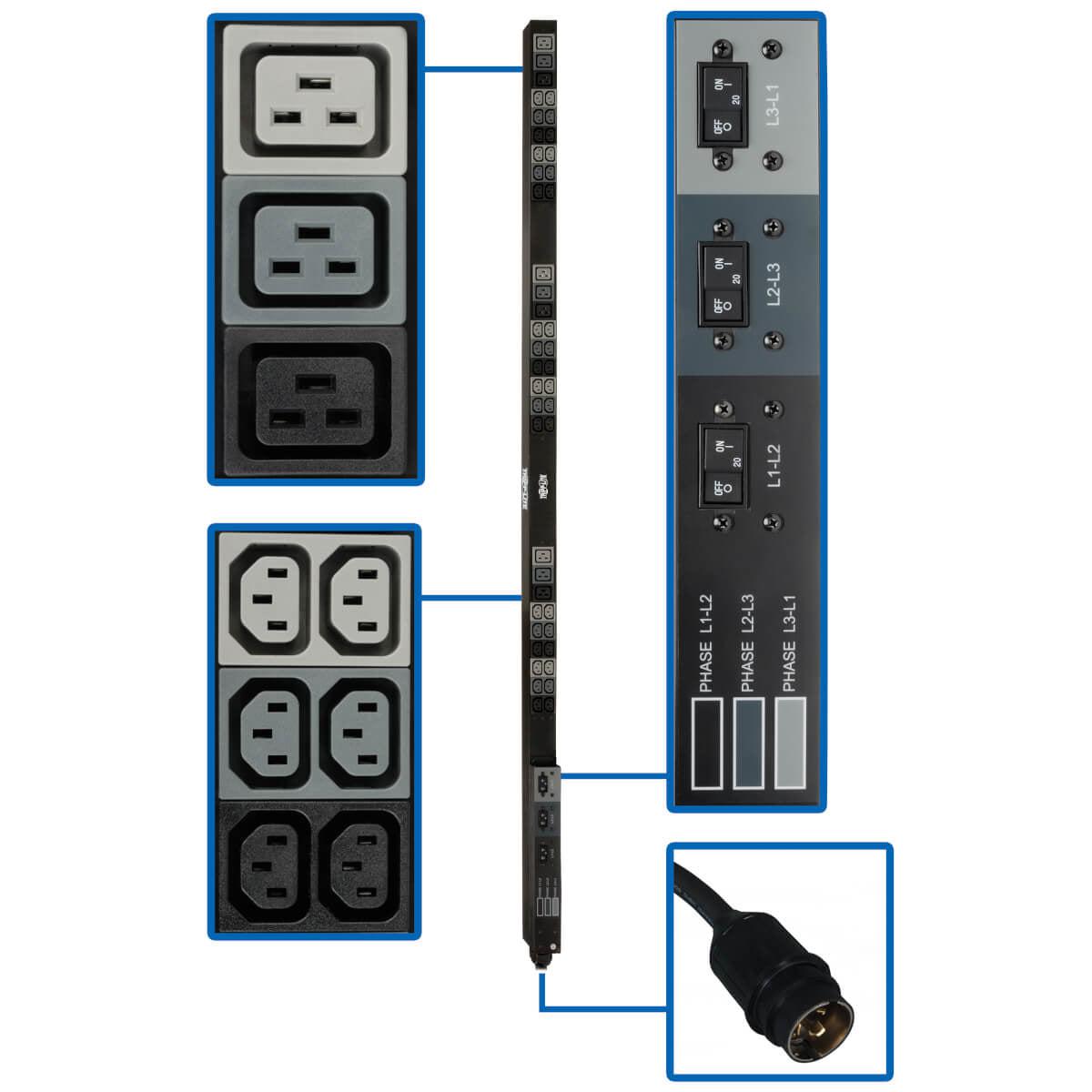 Tripp Lite 12.6Kw 208V 3-Phase Basic Pdu - 45 Outlets (36 C13, 9 C19), Hubbell 50A Cs8365C Input, 6 Ft. Cord, 70 In. 0U, Taa