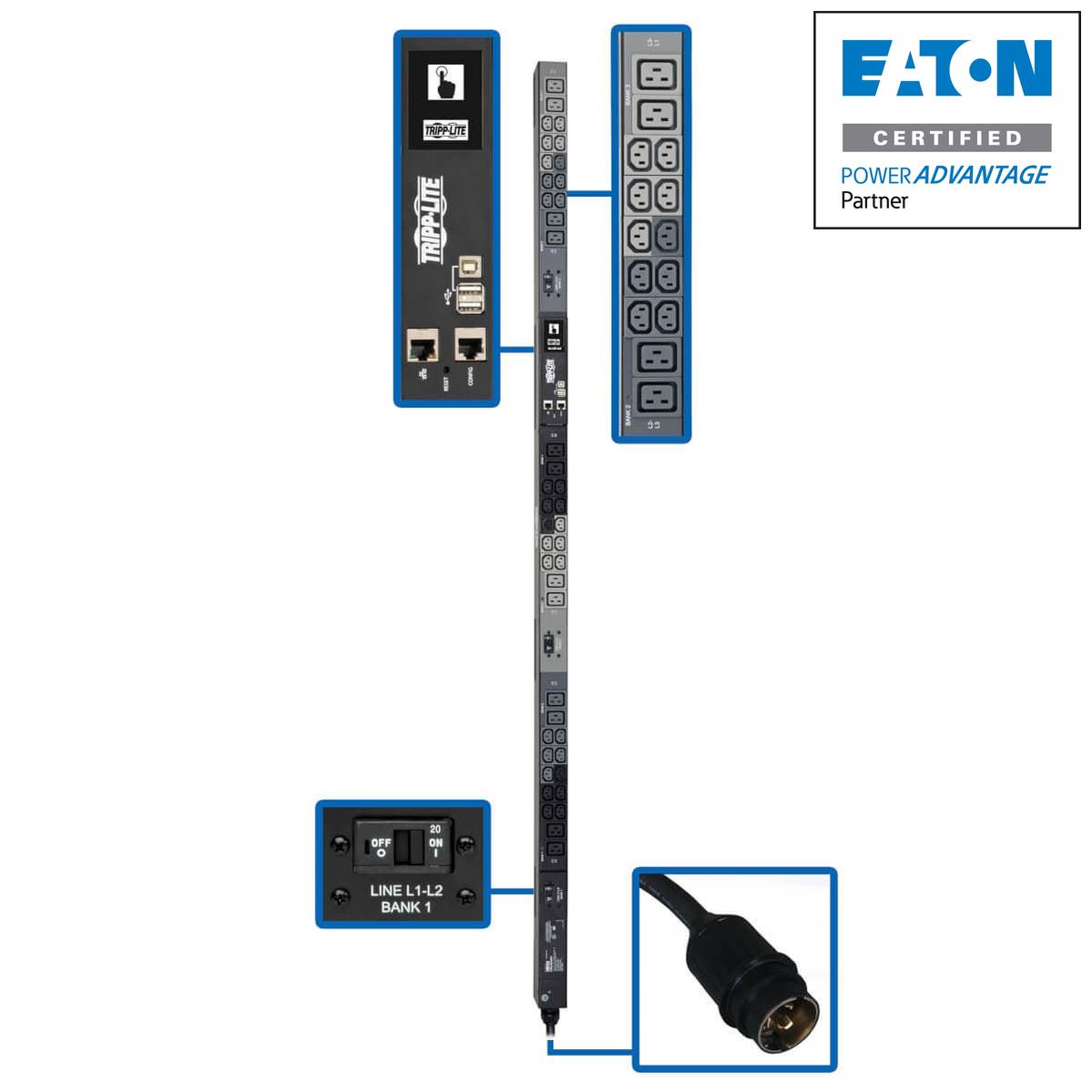 Tripp Lite 14.5Kw 3-Phase Monitored Pdu - Lx Platform, 30 C13 & 12 C19 Outlets (208/240V), Hubbell Cs8365C, 0U, Taa