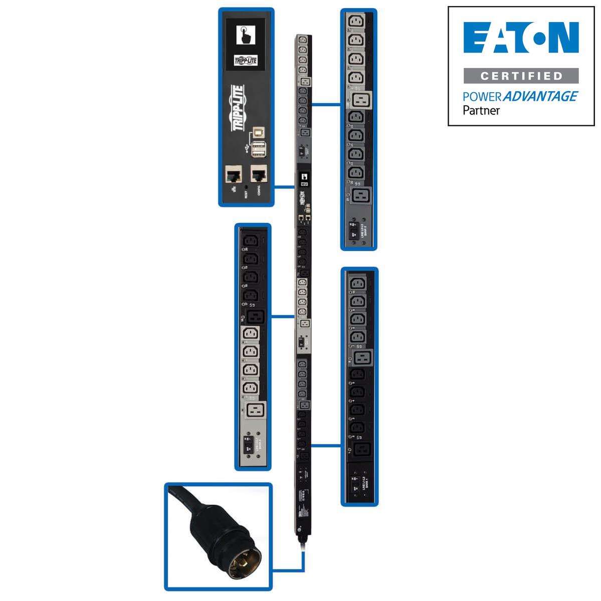 Tripp Lite 14.5Kw 3-Phase Pdu, Vertical, Switched, 0U, 24 Iec C13, 6 Iec C19 To Hubbell 50A Cs8365C - 6 Ft. Cord, Taa
