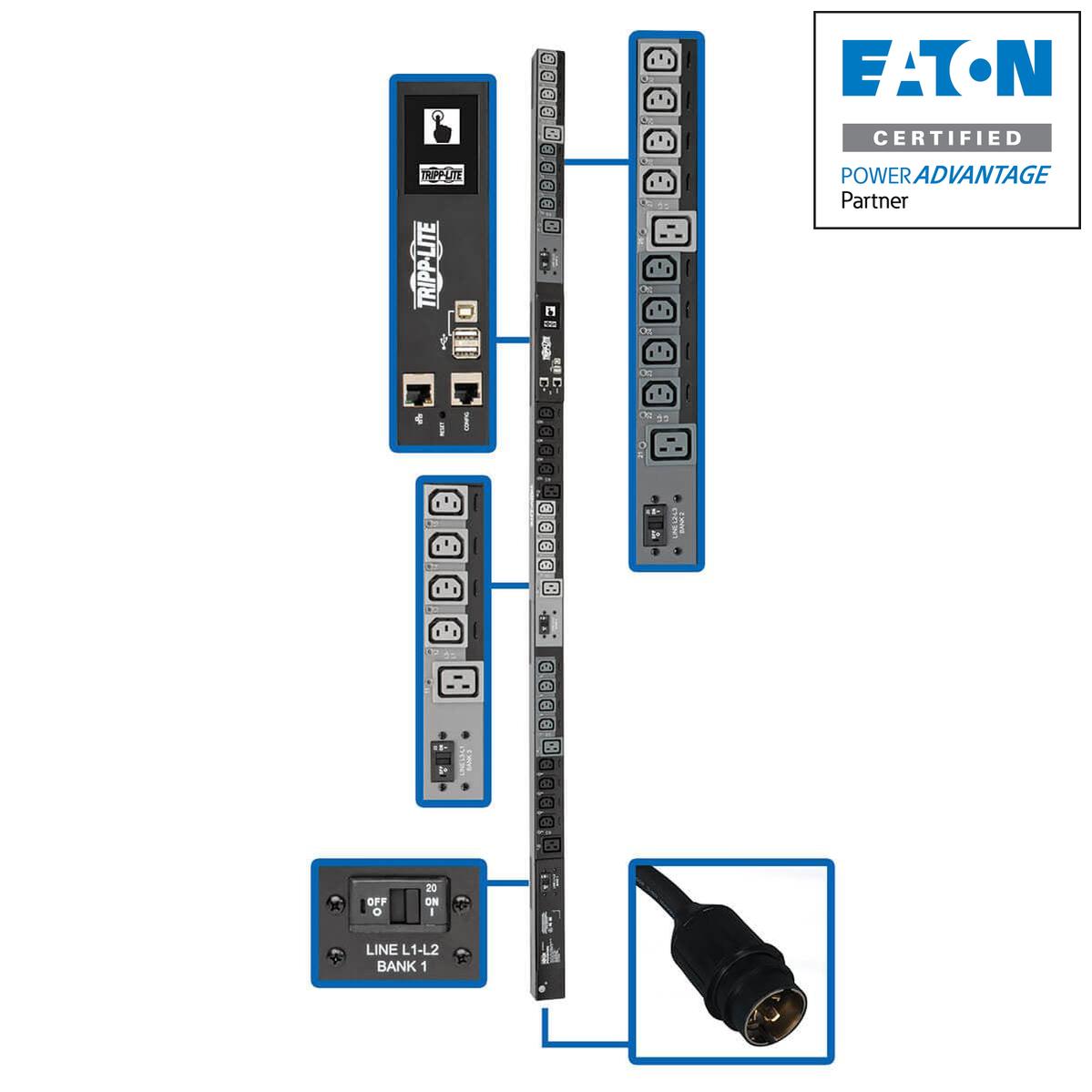 Tripp Lite 14.5Kw 3-Phase Switched Pdu, Lx Interface, 200/208/240V Outlets (24 C13/6 C19), Lcd,