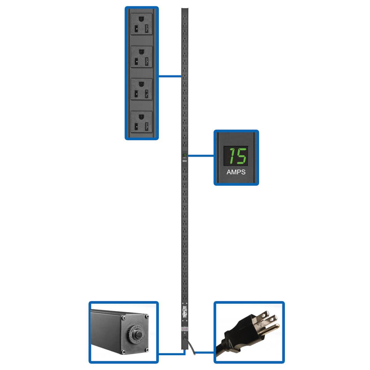 Tripp Lite 1.5Kw 100-127V Single-Phase Metered Pdu - 36 Nema 5-15R Outlets, 5-15P Input, 15 Ft. Cord, 72 In. 0U Rack
