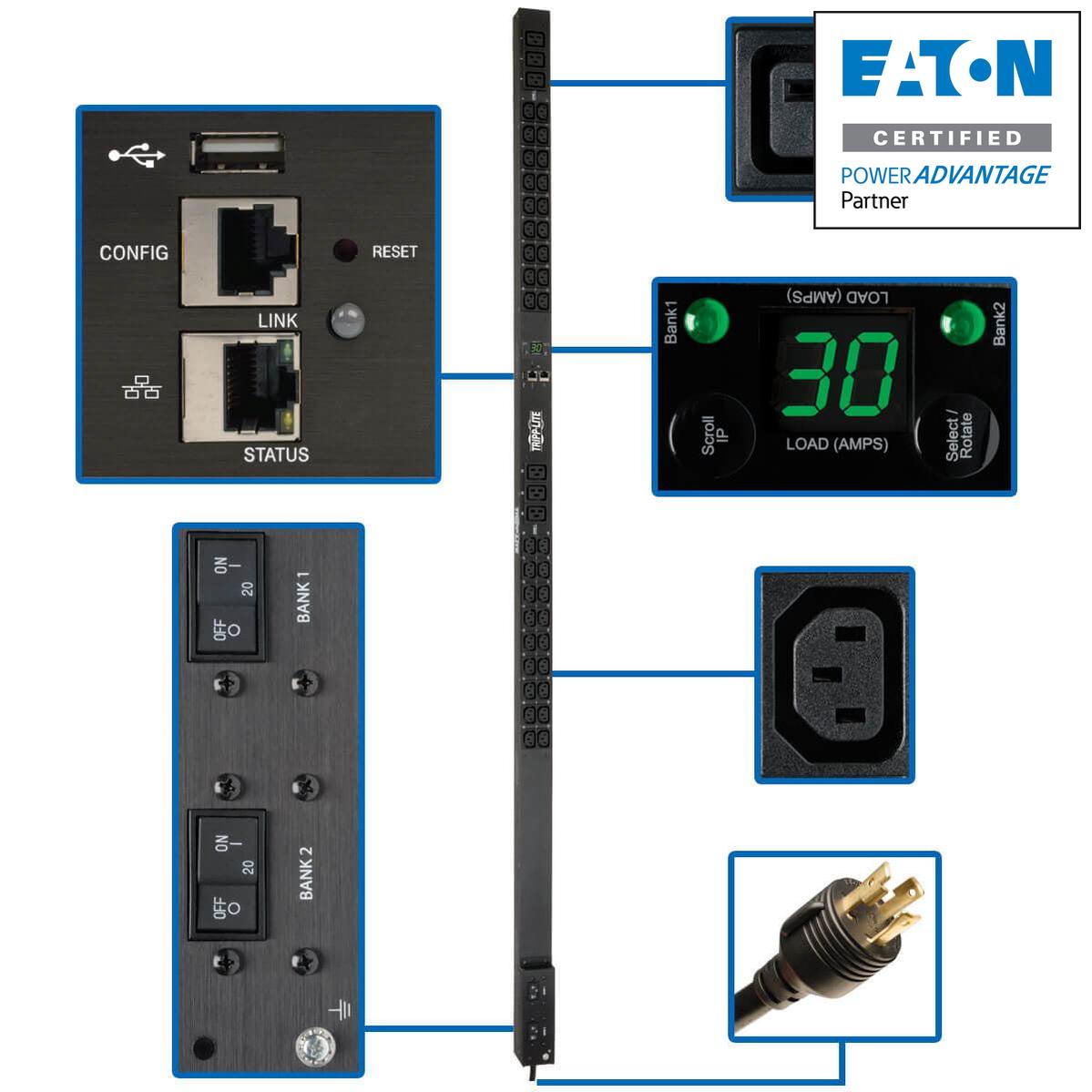 Tripp Lite 5/5.8Kw Single-Phase Monitored Pdu, Lx Interface, 208/240V Outlets (36 C13/6 C19), L6-30P, 10 Ft. Cord, 0U 1.8M/70 In. Height, Taa