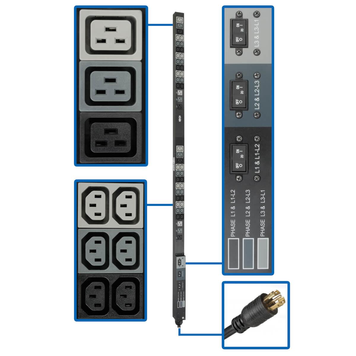 Tripp Lite 8.6Kw 208/120V Three-Phase Basic Pdu - 48 Outlets (36 C13, 6 C19, 6 5-15/20R), L21-30P Input, 6 Ft. Cord, 70 In. 0U Rack