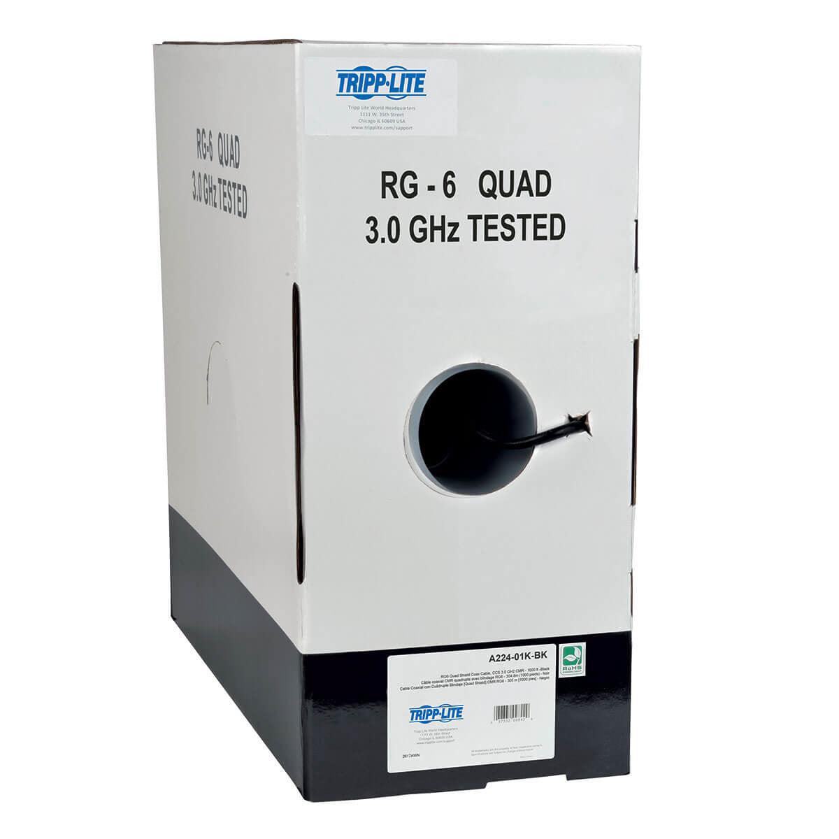 Tripp Lite A224-01K-Bk Rg6/U Quad-Shield Cmr-Rated Coaxial Cable, Black, 1000 Ft. (304.8 M)