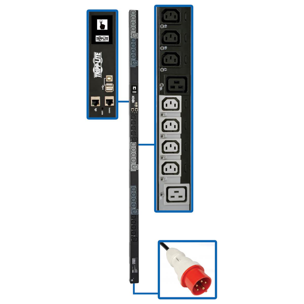 Tripp Lite Pdu3Xevsr6G20 11.5Kw 208-240V 3Ph Switched Pdu - Lx Interface, Gigabit, 30 Outlets, Iec 309 16/20A Red 360-415V Input, Outlet Monitoring, Lcd, 1.8 M Cord, 0U 1.8 M Height, Taa