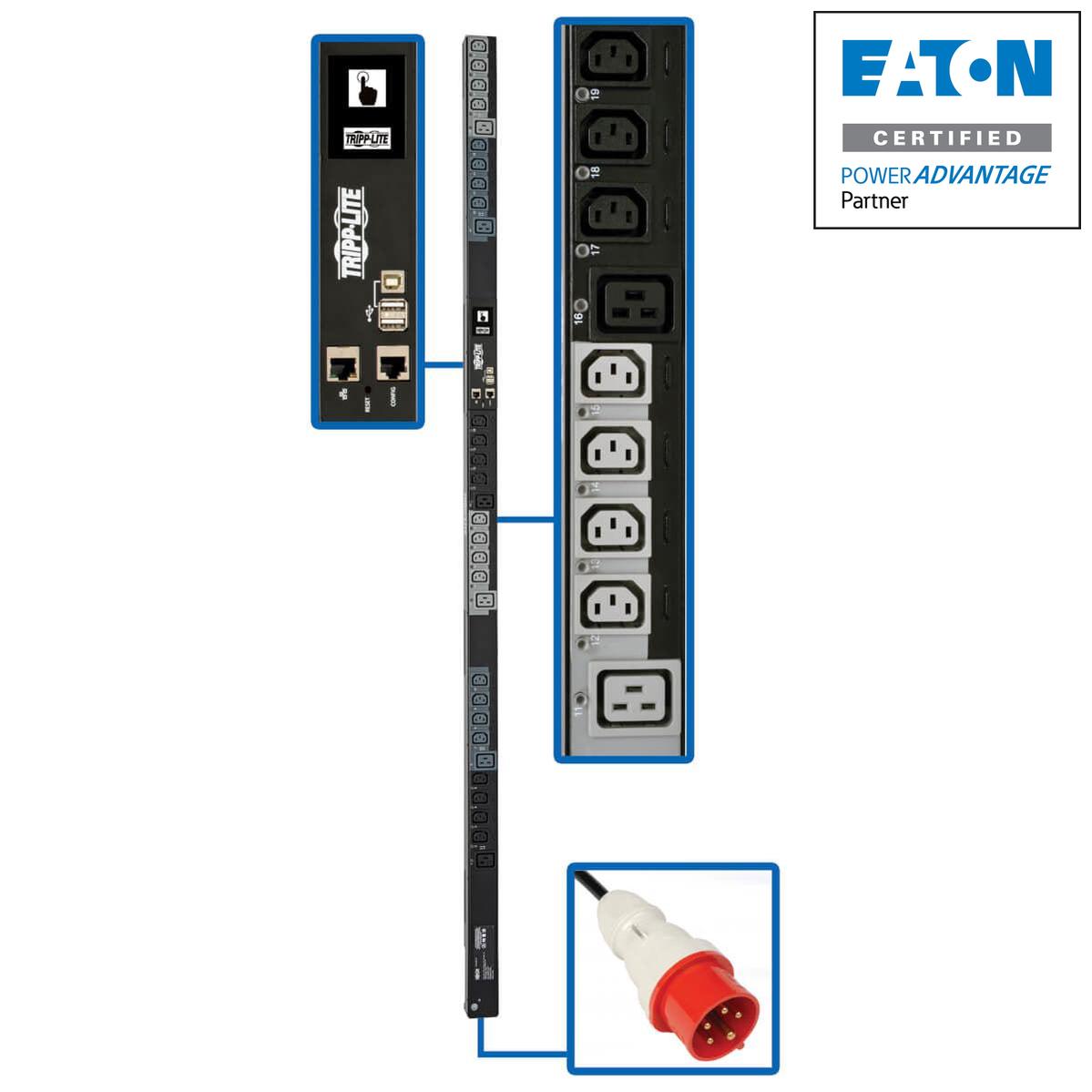 Tripp Lite Pdu3Xevsr6G20 11.5Kw 208-240V 3Ph Switched Pdu - Lx Interface, Gigabit, 30 Outlets, Iec 309 16/20A Red 360-415V Input, Outlet Monitoring, Lcd, 1.8 M Cord, 0U 1.8 M Height, Taa