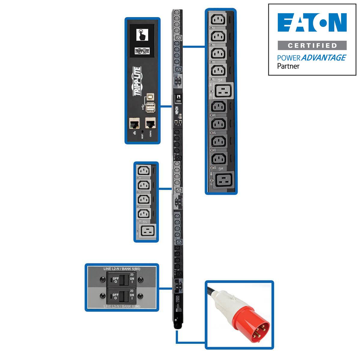 Tripp Lite Pdu3Xevsr6G63B 28.8Kw 220-240V 3Ph Switched Pdu - Lx Interface, Gigabit, 30 Outlets, Iec 309 63A Red 380-415V Input, Lcd, 1.8 M Cord, 0U 1.8 M Height, Taa