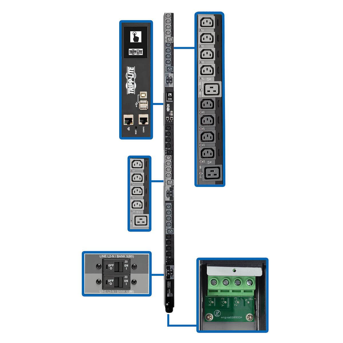Tripp Lite Pdu3Xevsrhwb 28.8Kw 220-240V 3Ph Switched Pdu - Lx Interface, Gigabit, 30 Outlets, Hardwire 380-415V Input, Lcd, 1.8 M Cord, 0U 1.8 M Height, Taa