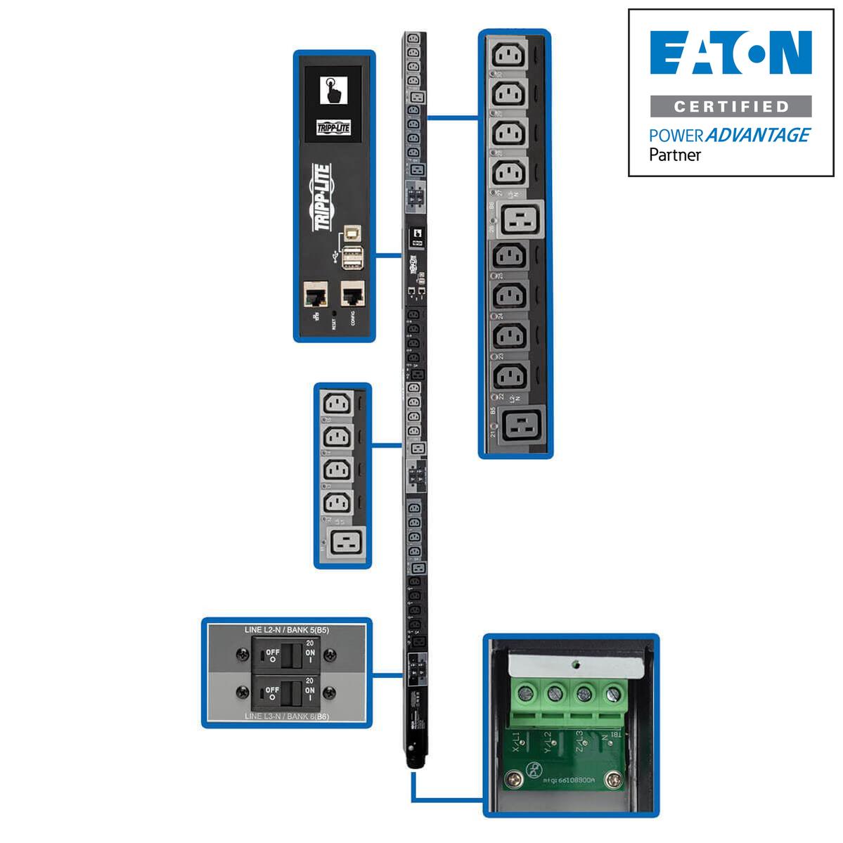 Tripp Lite Pdu3Xevsrhwb 28.8Kw 220-240V 3Ph Switched Pdu - Lx Interface, Gigabit, 30 Outlets, Hardwire 380-415V Input, Lcd, 1.8 M Cord, 0U 1.8 M Height, Taa