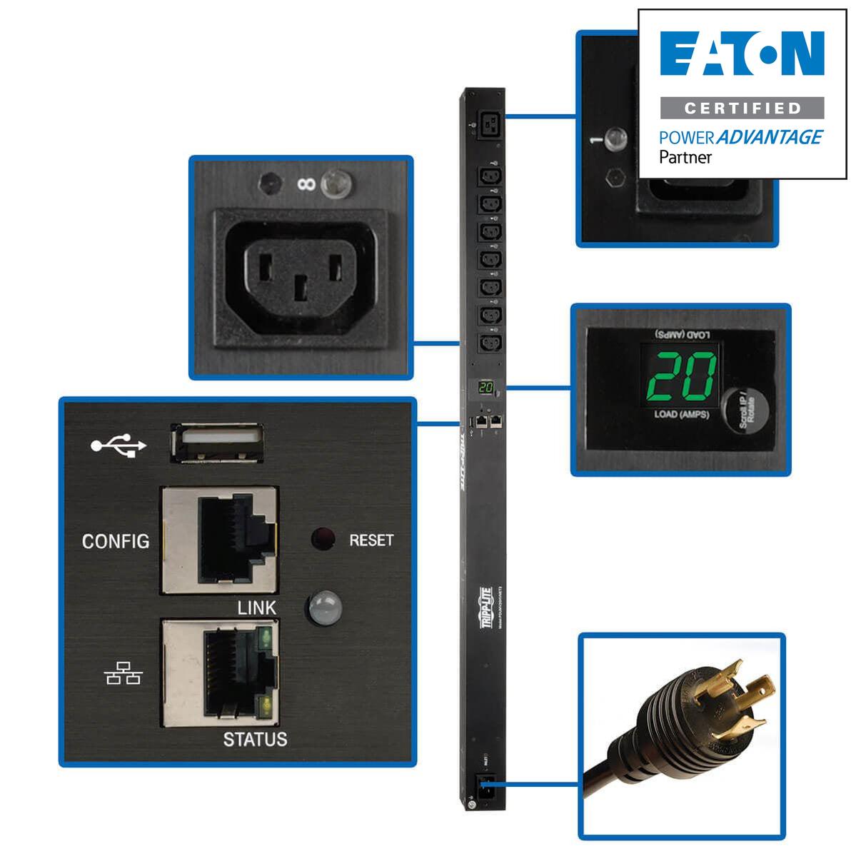 Tripp Lite Pdumv20Hvnet2Lx 3.7Kw Single-Phase 208/230V Switched Pdu - Lx Platform, 7 C13, 1 C19 Outlets, C20 / L6-20P Inputs, 0U 988Mm, Taa