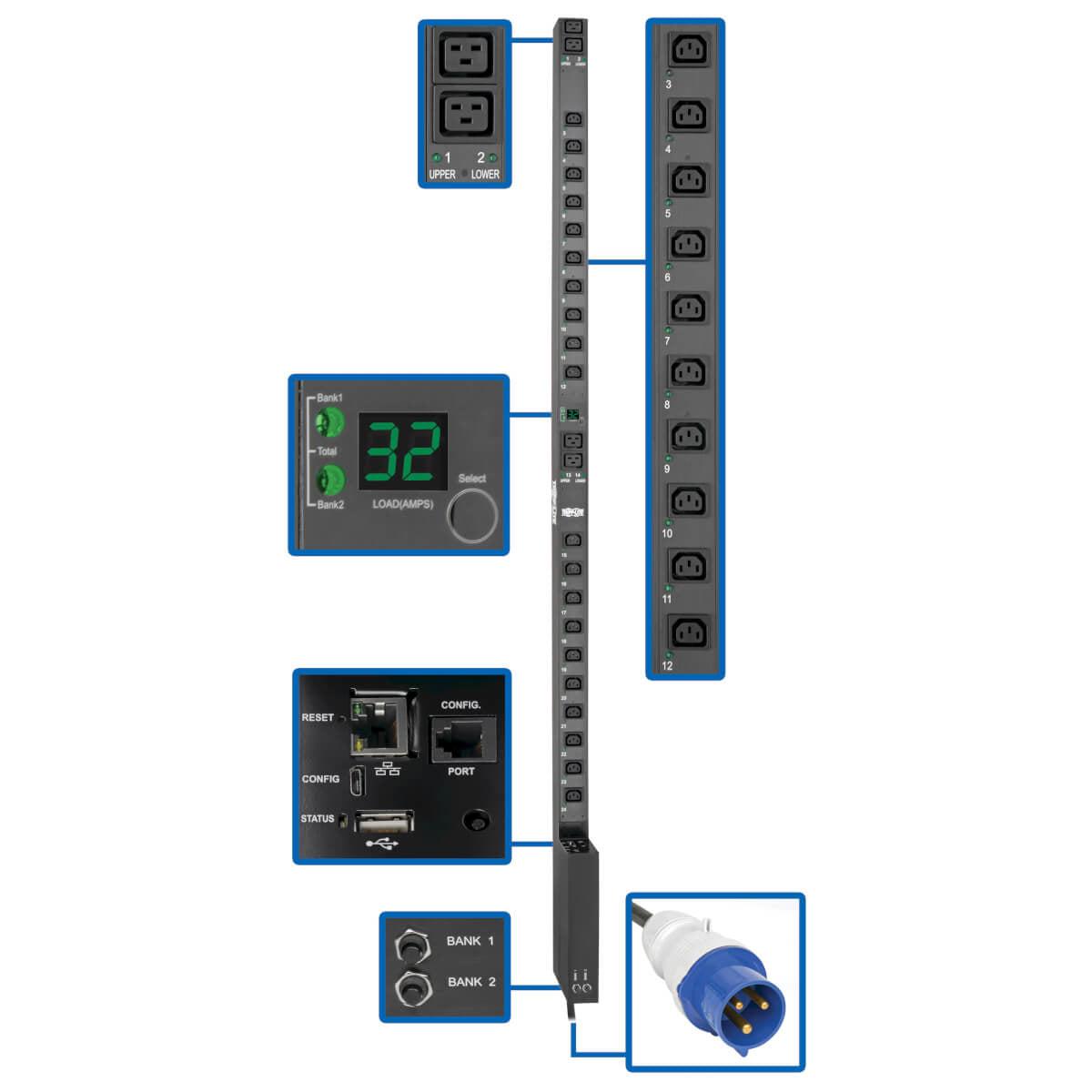 Tripp Lite Pdumv32Hvnetlx 7.7Kw Single-Phase Switched Pdu With Lx Platform Interface, 230V Output, Iec 309 32A Blue, 10 Ft. (3.05 M) Cord, 0U, Taa