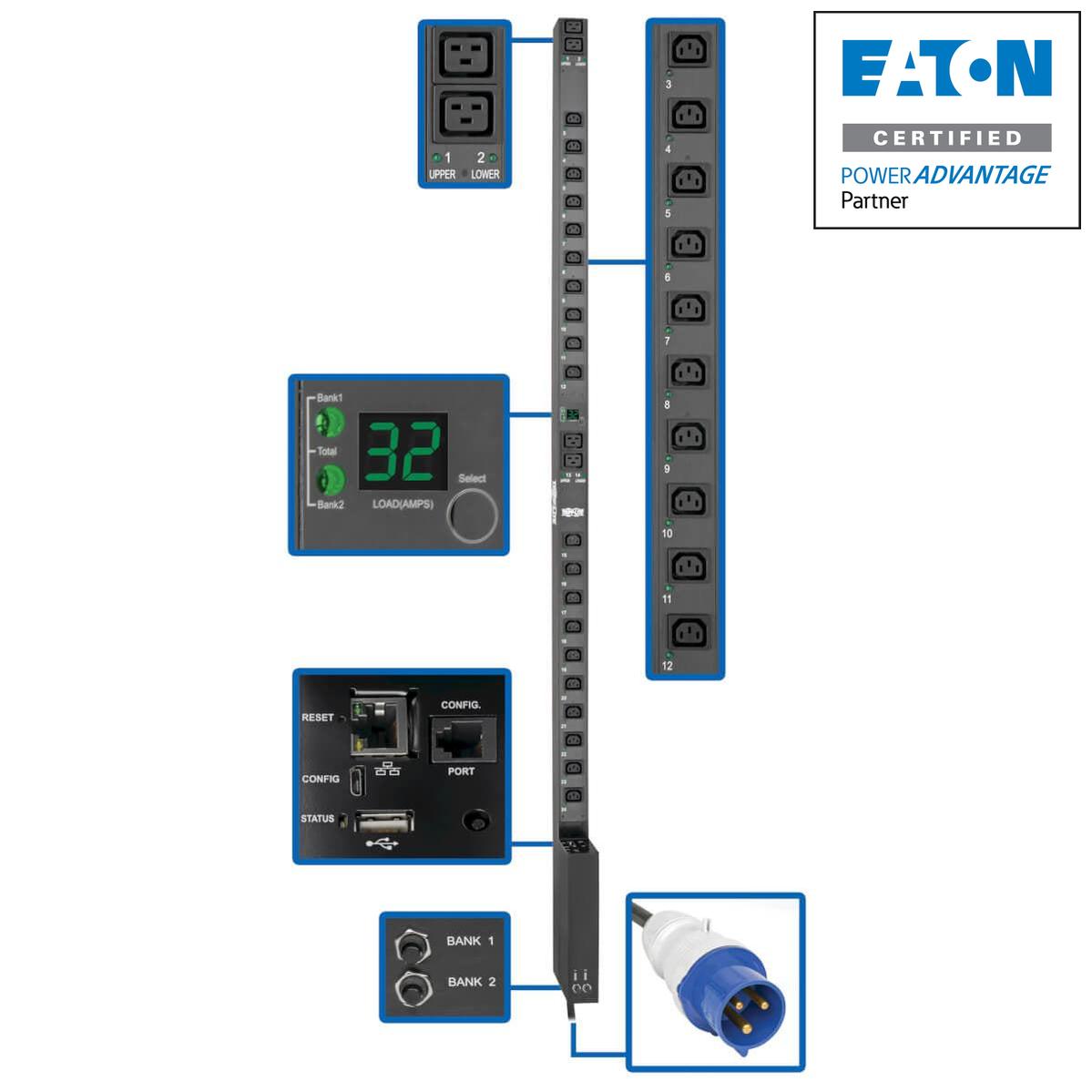 Tripp Lite Pdumv32Hvnetlx 7.7Kw Single-Phase Switched Pdu With Lx Platform Interface, 230V Output, Iec 309 32A Blue, 10 Ft. (3.05 M) Cord, 0U, Taa