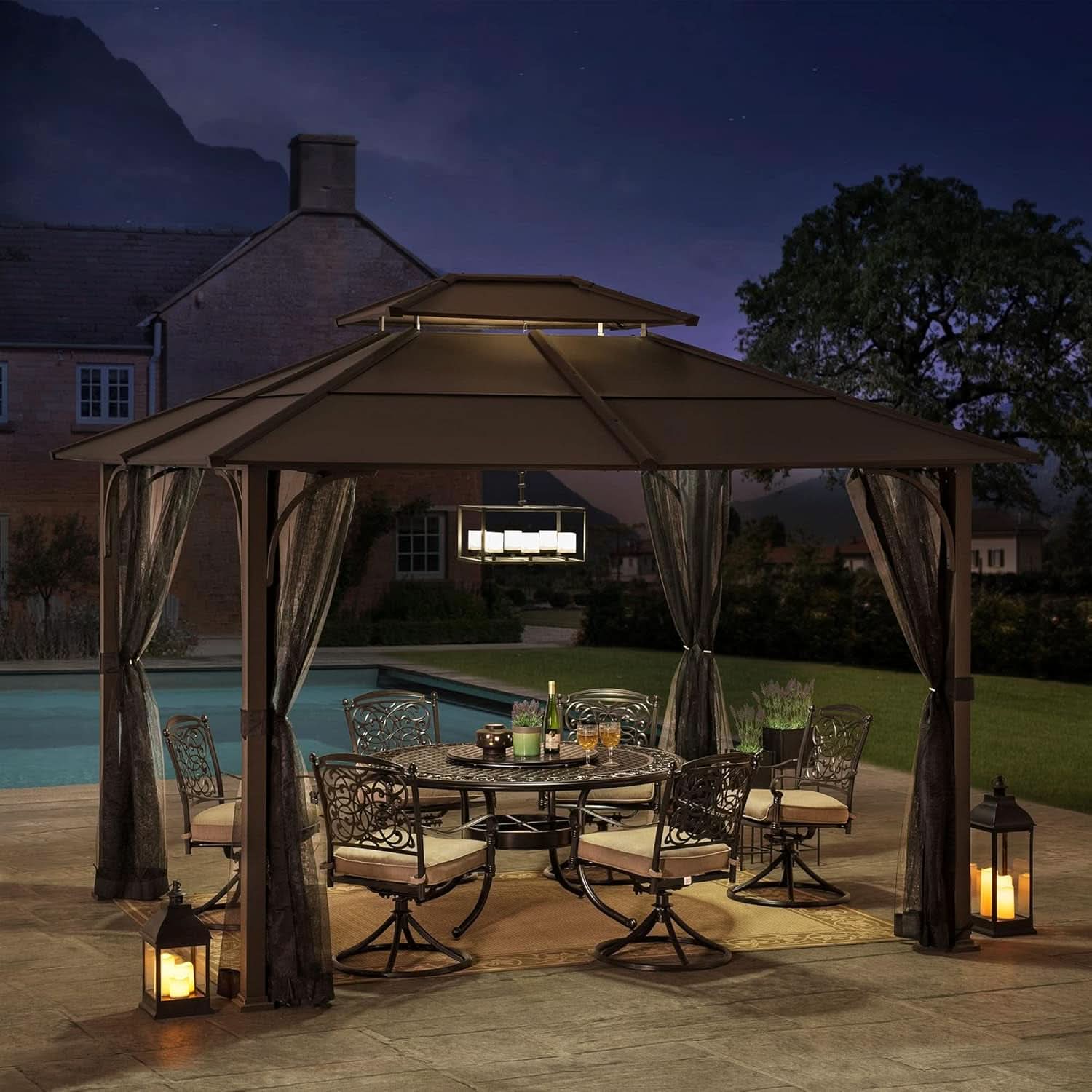 10x12 Brown Hardtop Gazebo With Steel Frame And Netting For Outdoor Patio Garden Canopy Shelter