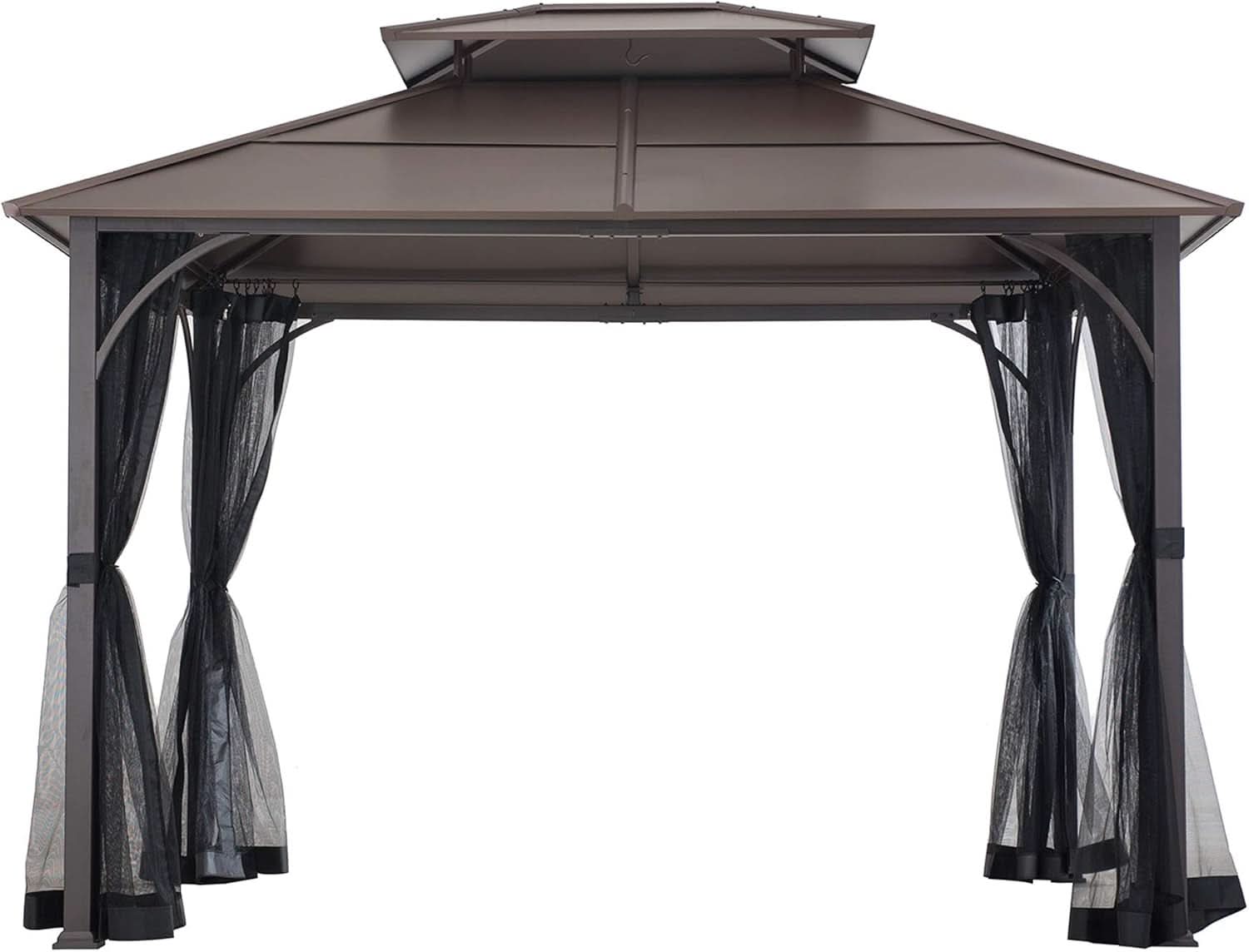 10x12 Brown Hardtop Gazebo With Steel Frame And Netting For Outdoor Patio Garden Canopy Shelter