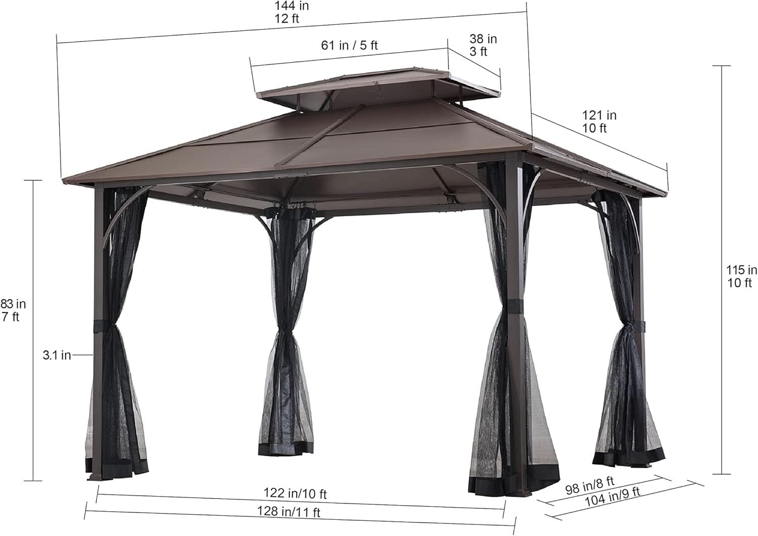 10x12 Brown Hardtop Gazebo With Steel Frame And Netting For Outdoor Patio Garden Canopy Shelter