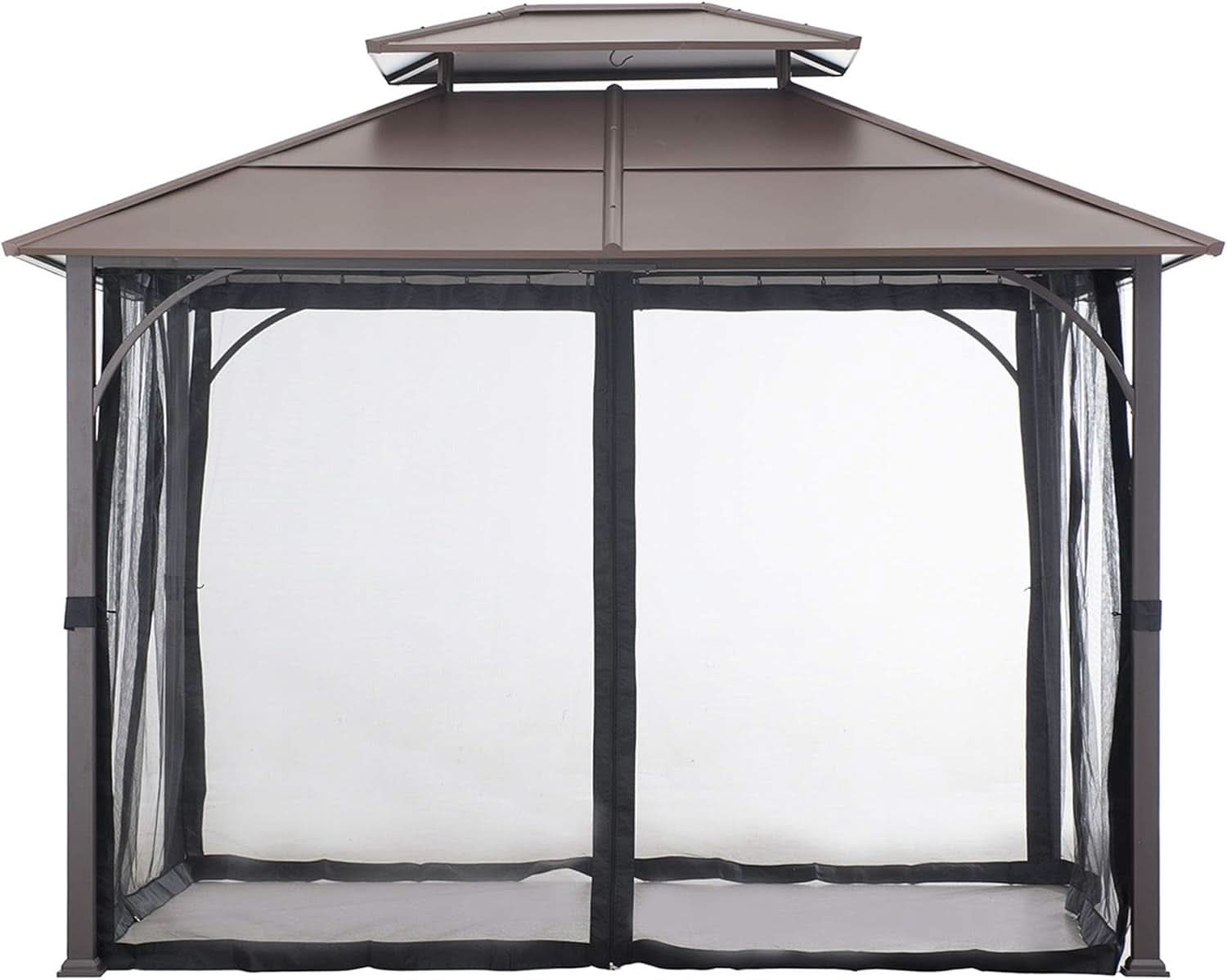 10x12 Brown Hardtop Gazebo With Steel Frame And Netting For Outdoor Patio Garden Canopy Shelter