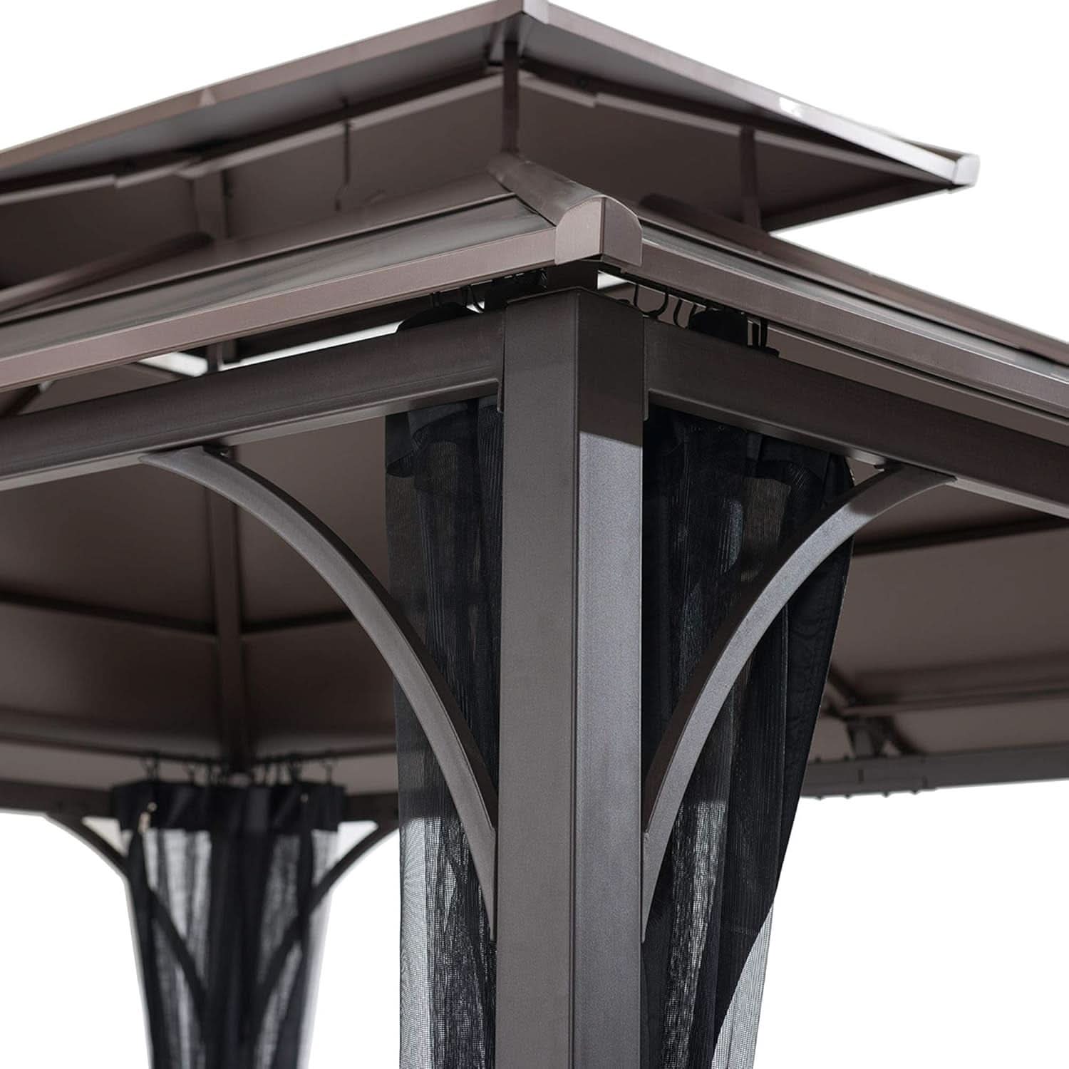 10x12 Brown Hardtop Gazebo With Steel Frame And Netting For Outdoor Patio Garden Canopy Shelter