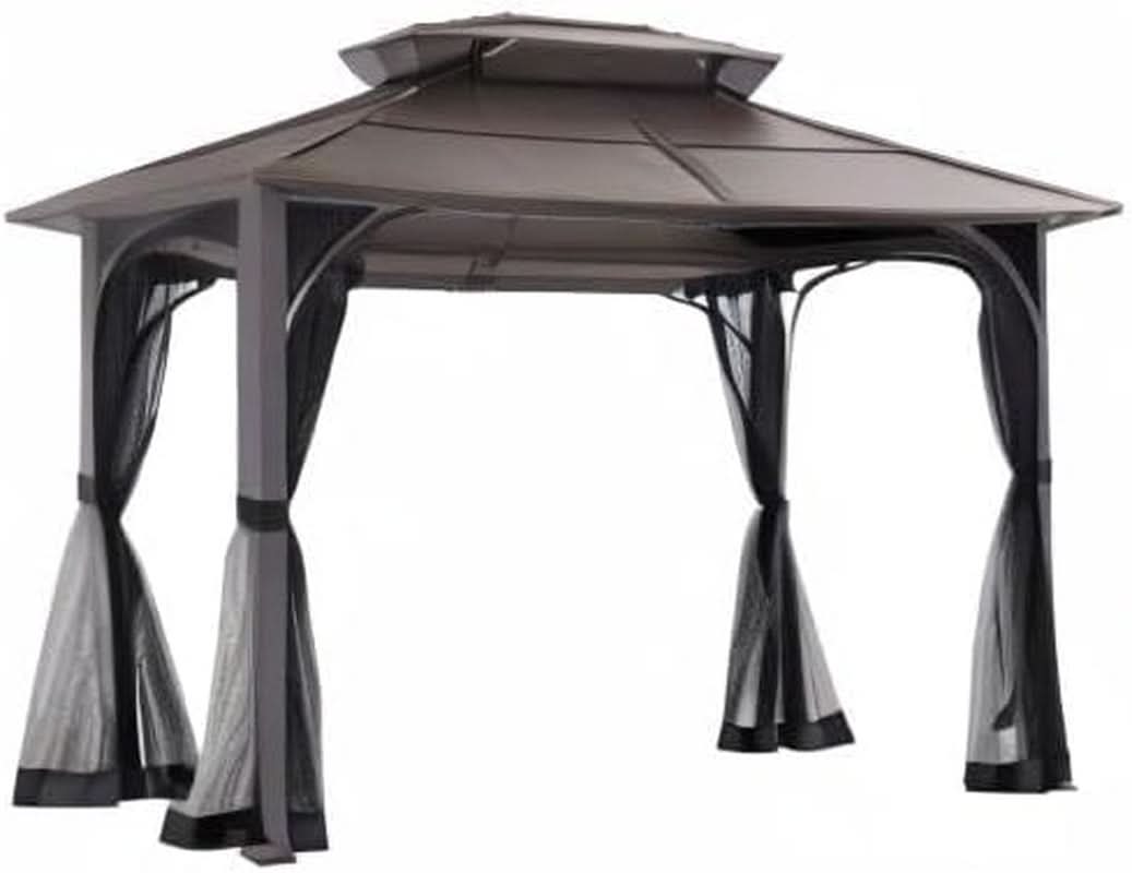 10x12 Brown Hardtop Gazebo With Steel Frame And Netting For Outdoor Patio Garden Canopy Shelter
