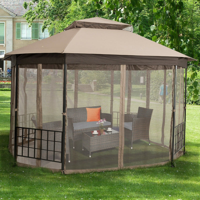 10x12 Octagonal Patio Gazebo With Mosquito Netting And Ventilated Double Tier Roof