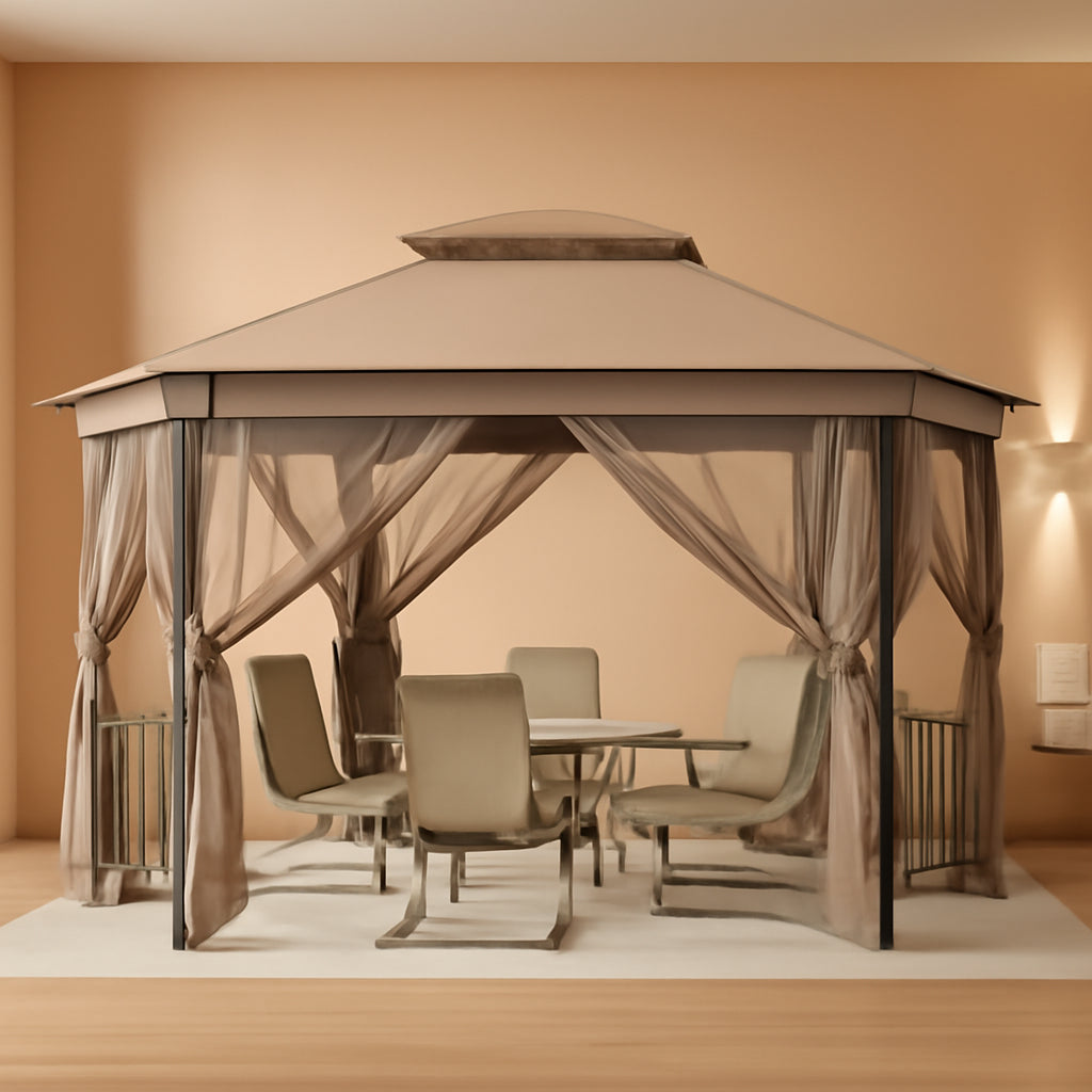 10x12 Octagonal Patio Gazebo With Mosquito Netting And Ventilated Double Tier Roof