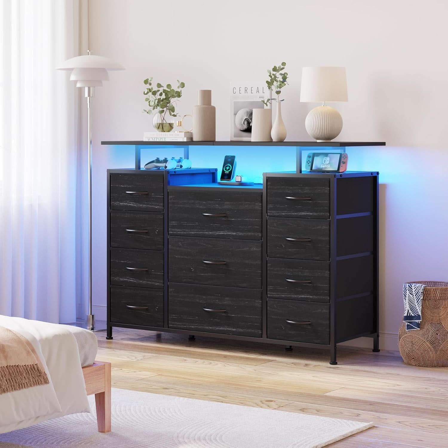 11 Drawer Dresser With Fabric Drawers, Charging Station, LED Lights And Shelves, Black Wood Veins