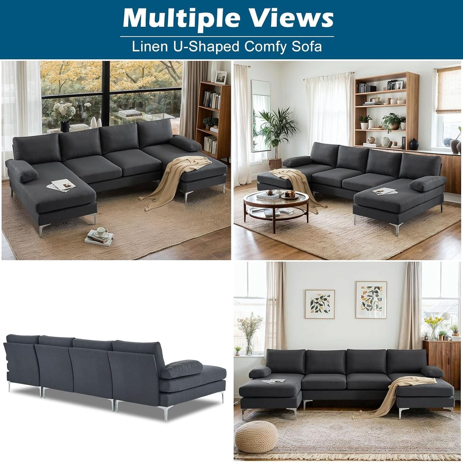 110 Inch Modern U Shaped Sectional Couch In Grey Linen Fabric For Living Room Furniture