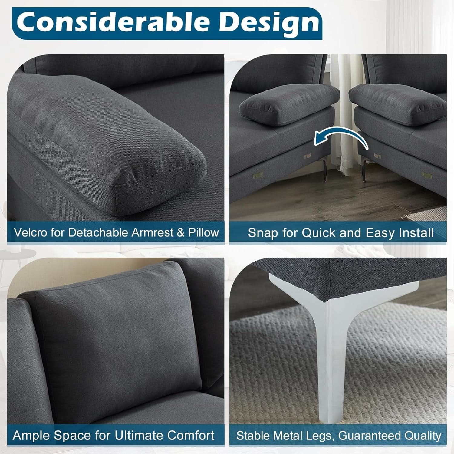 110 Inch Modern U Shaped Sectional Couch In Grey Linen Fabric For Living Room Furniture