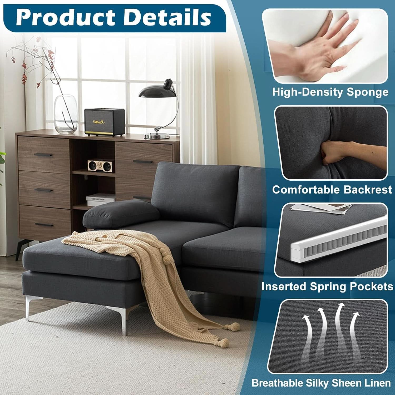 110 Inch Modern U Shaped Sectional Couch In Grey Linen Fabric For Living Room Furniture