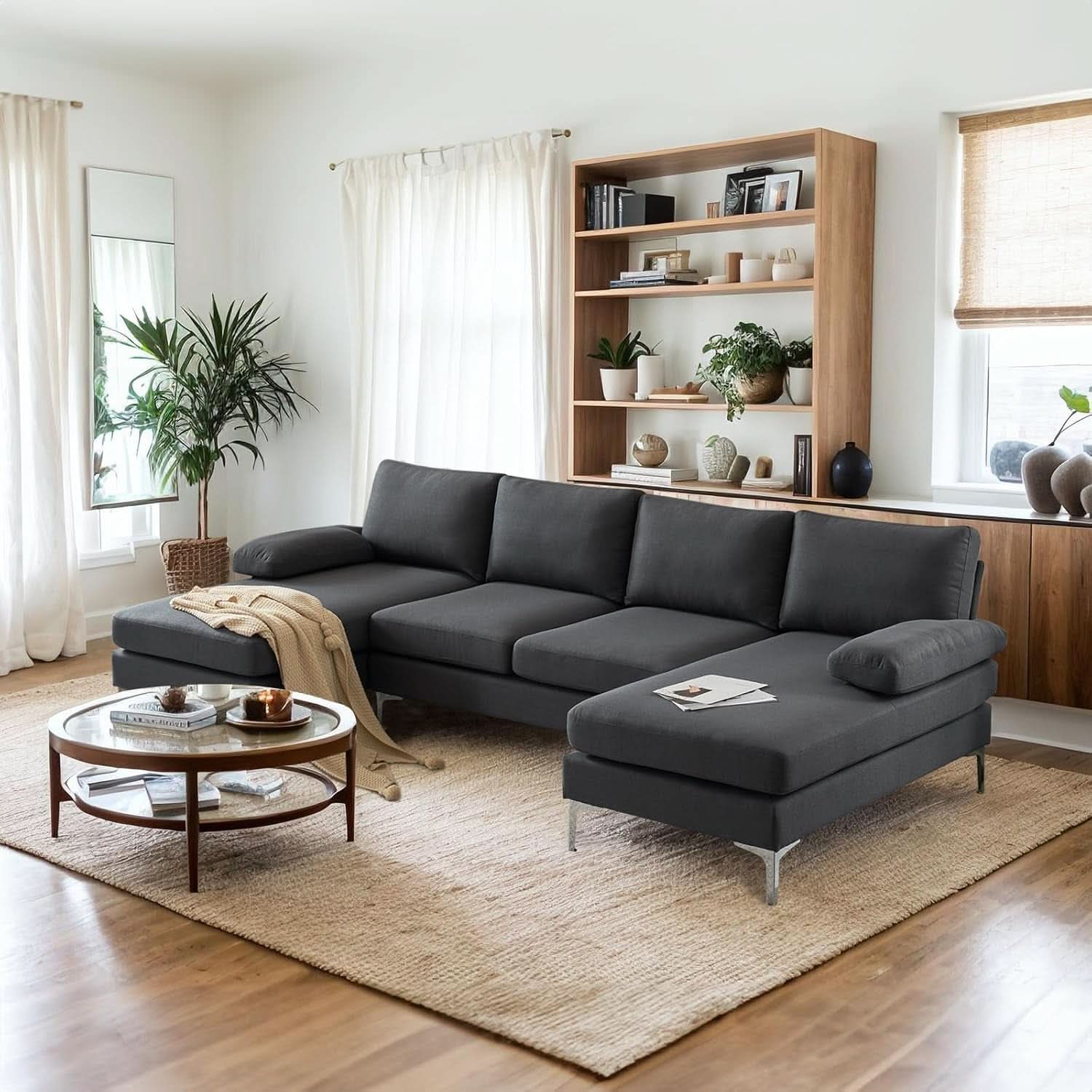 110 Inch Modern U Shaped Sectional Couch In Grey Linen Fabric For Living Room Furniture