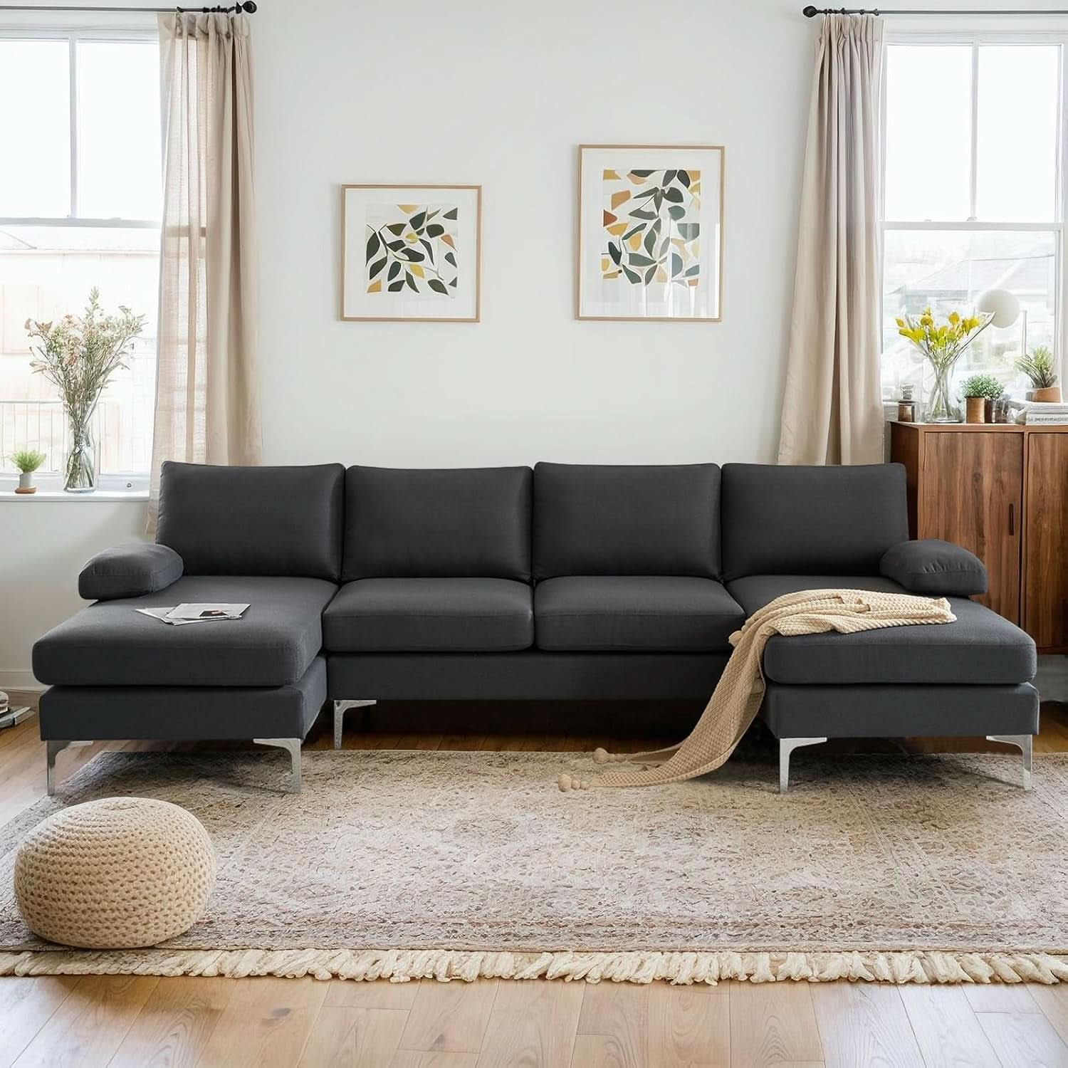 110 Inch Modern U Shaped Sectional Couch In Grey Linen Fabric For Living Room Furniture