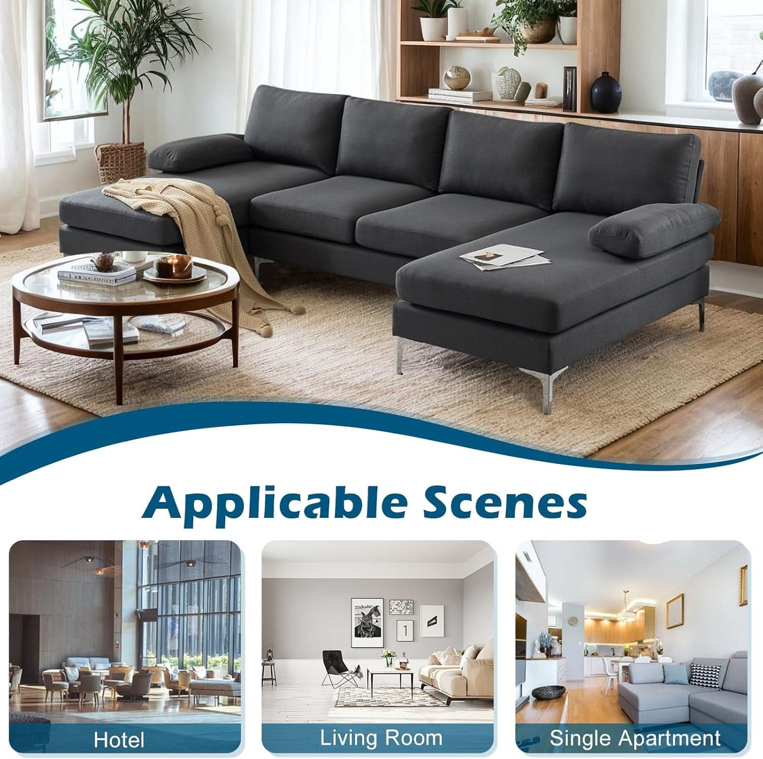 110 Inch Modern U Shaped Sectional Couch In Grey Linen Fabric For Living Room Furniture