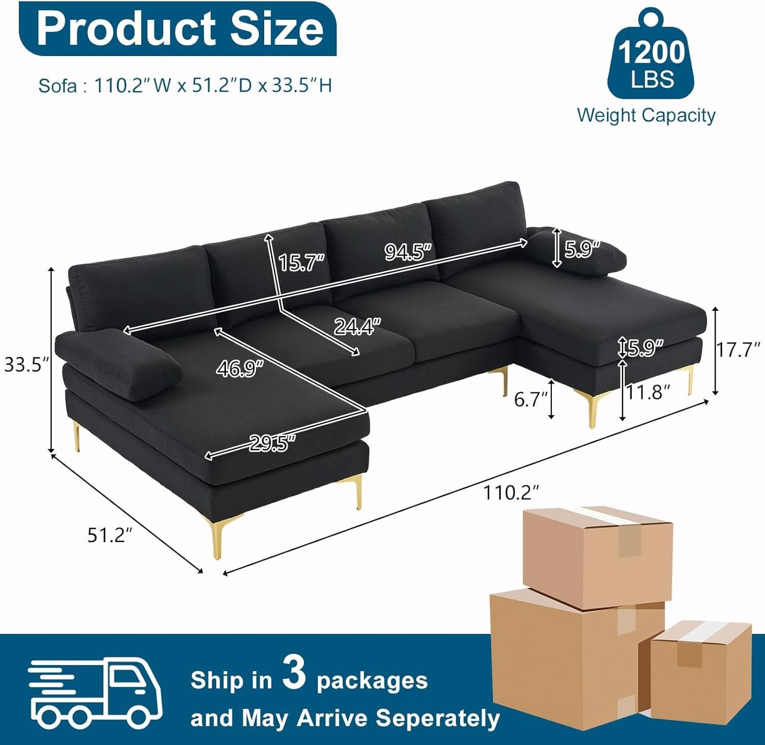 110 Inch Modern U Shaped Sectional Couch With 51 Inch Double Chaise For Living Room Comfort And Style