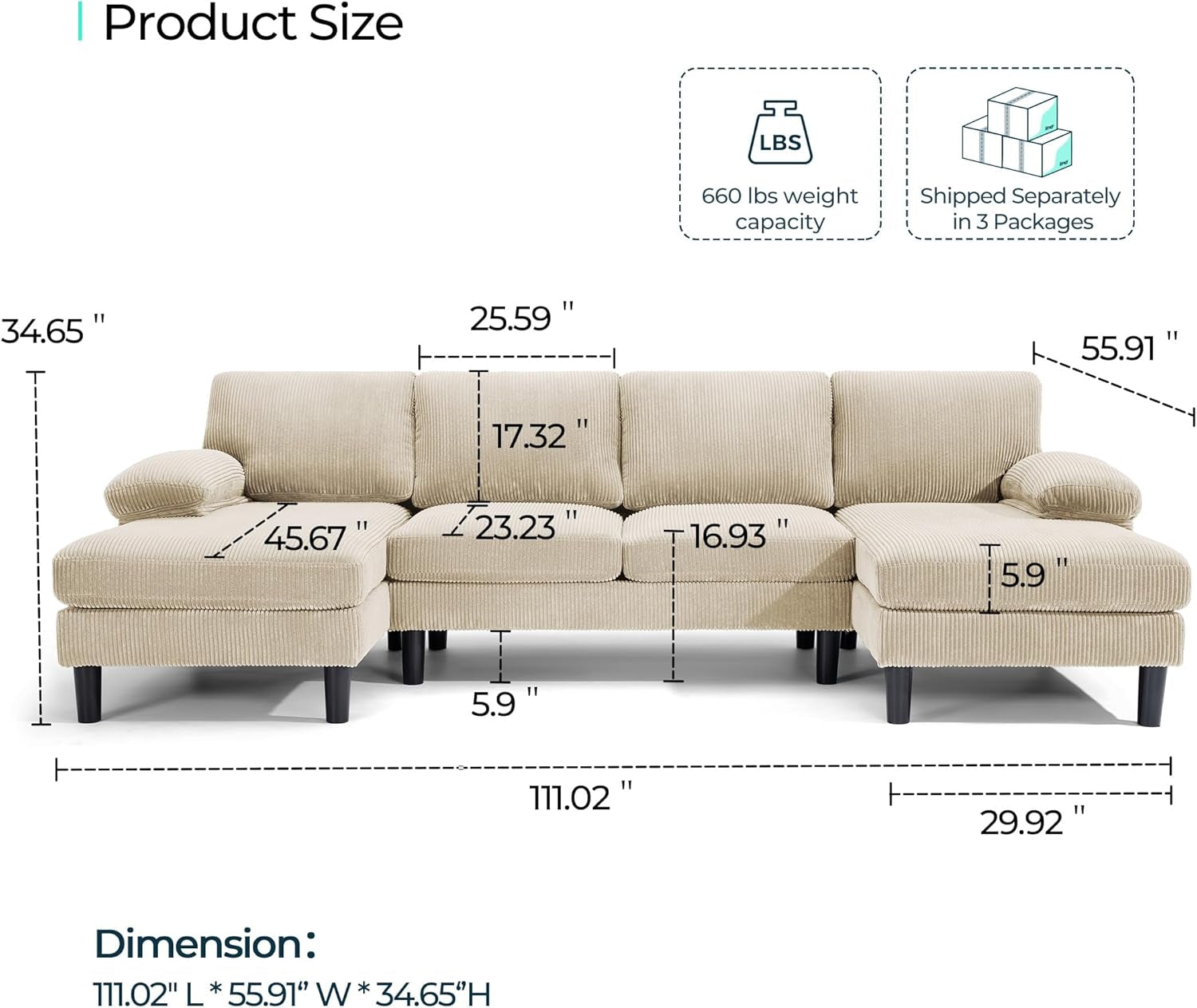 111 Inch U Shaped Sectional Sofa Sleepable Armrests