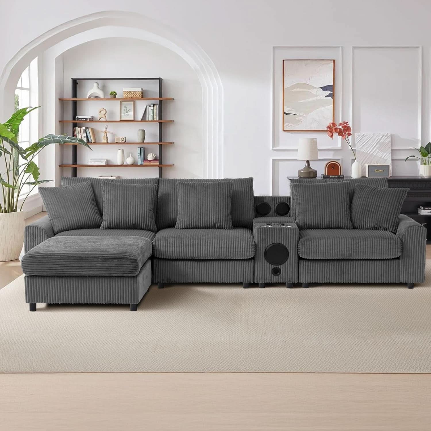 114 Inch Corduroy Sectional Couch With Bluetooth Speakers