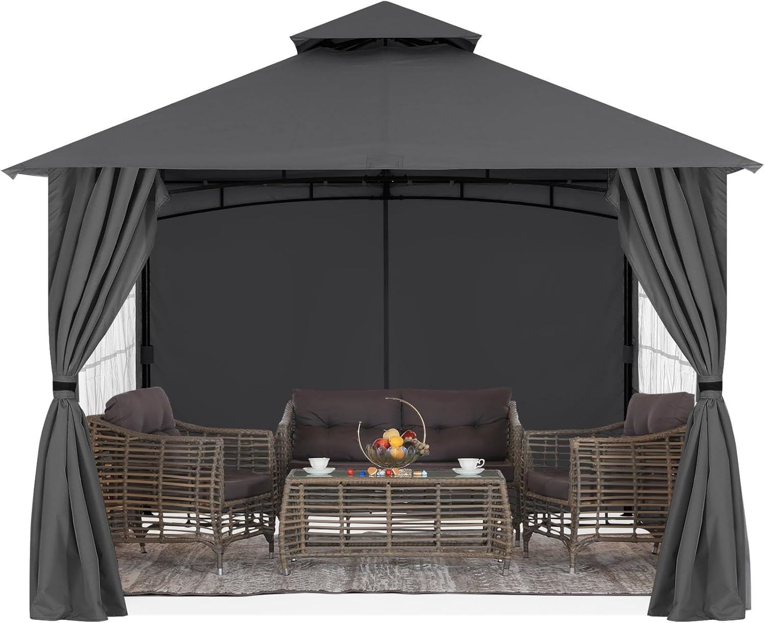 11x11 Dark Gray Steel Frame Patio Gazebo Curtains Included
